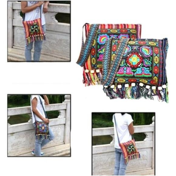 Vintage Ethnic Tribal Embroidered Tassel Sling Crossbody Boho Hippie ShoulderBag - Picture 5 of 6